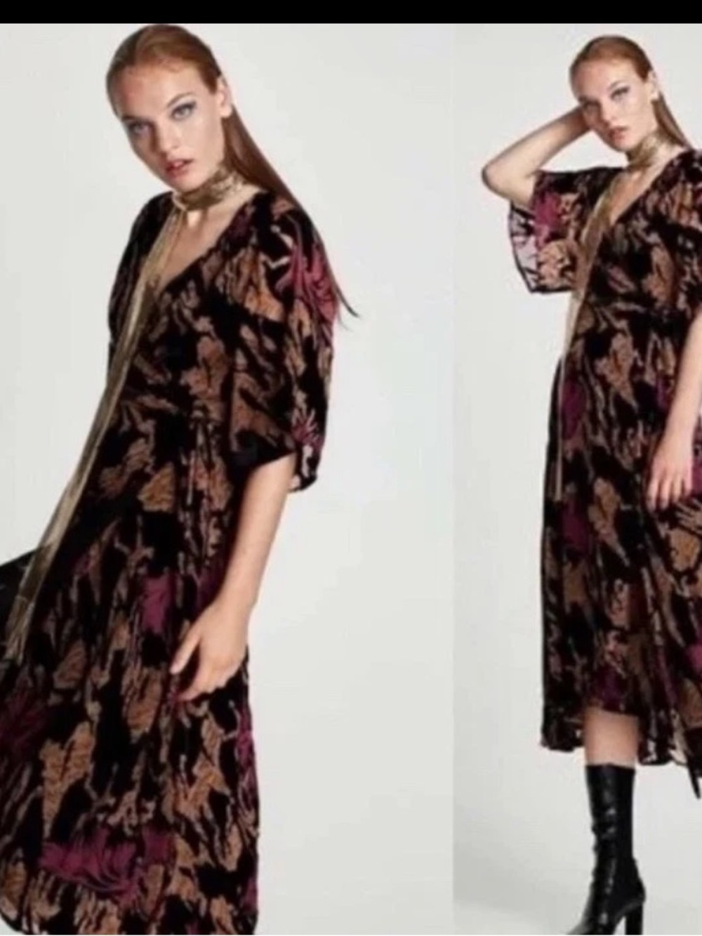 Zara Velvet Burnout Midi Dress Black Pink Kimono Sleeve Goth Whimsigoth M